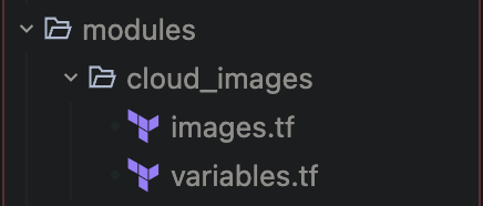 Структура папки модуля cloud_images с файлами images.tf и variables.tf