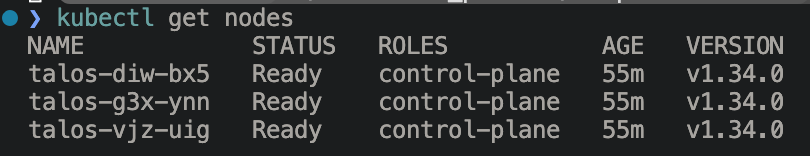 Вывод kubectl get nodes — ноды Kubernetes кластера на Talos в статусе Ready