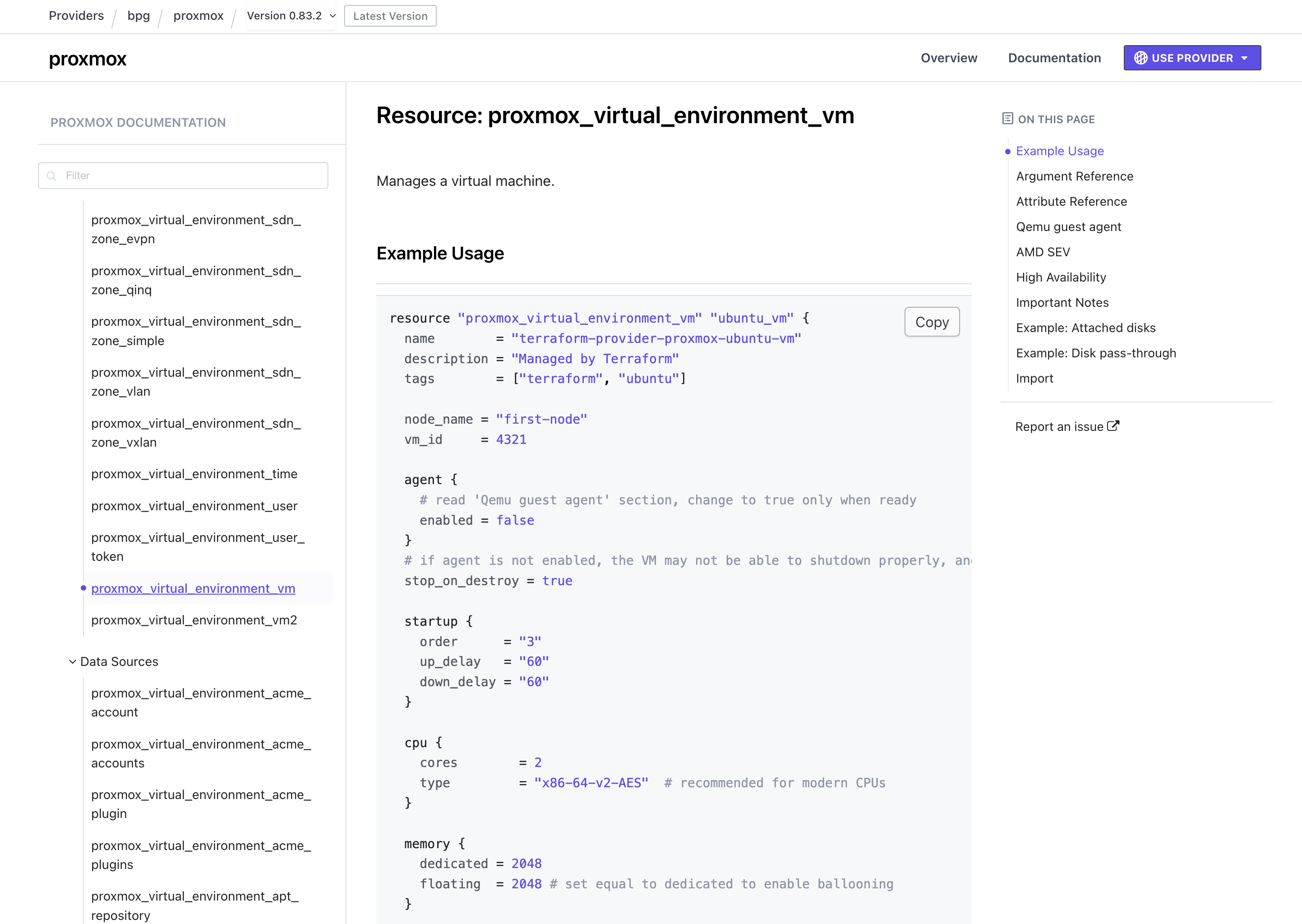 Документация Terraform Proxmox Provider с описанием ресурсов и data sources